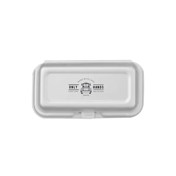 White foam hot dog container with hinged design and tabbed closure.... from ASI 91880 Tranter Graphics Inc