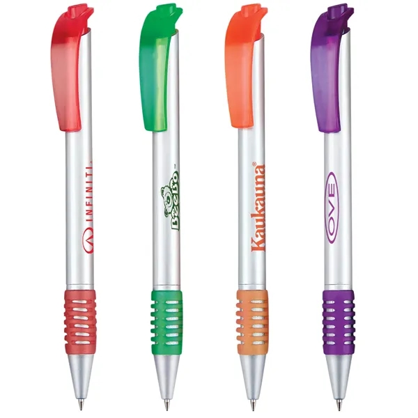 Stylish click action ballpoint with matte silver barrel, colorful clip and... from ASI 68190 Lungsal / Lungsal