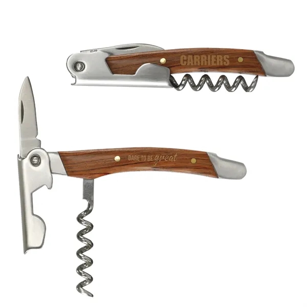 Mahogany style wooden corkscrew with a foil cutter and bottle opener.... from ASI 57655 STOPNGO Line