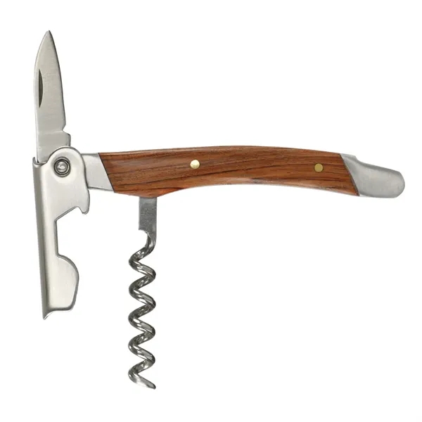 Mahogany style wooden corkscrew with a foil cutter and bottle opener.... from ASI 57655 STOPNGO Line
