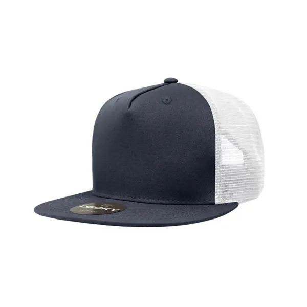 5-panel trucker cap with cotton front, mesh back, flat bill, and... from ASI 72657 Active Life Promo