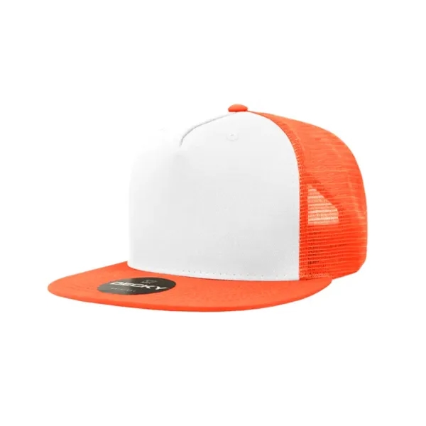 5-panel trucker cap with cotton front, mesh back, flat bill, and... from ASI 72657 Active Life Promo