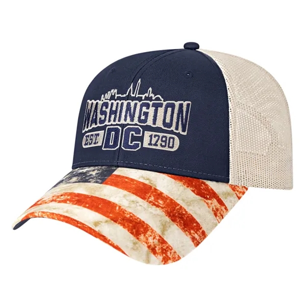 Medium profile chino twill six-panel mesh cap with American flag print... from ASI 43792 Cap America Inc