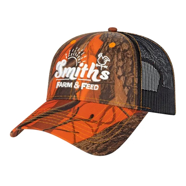 Orange Ridge polyester mesh camouflage six-panel structured cap with adjustable snapback... from ASI 43792 Cap America Inc
