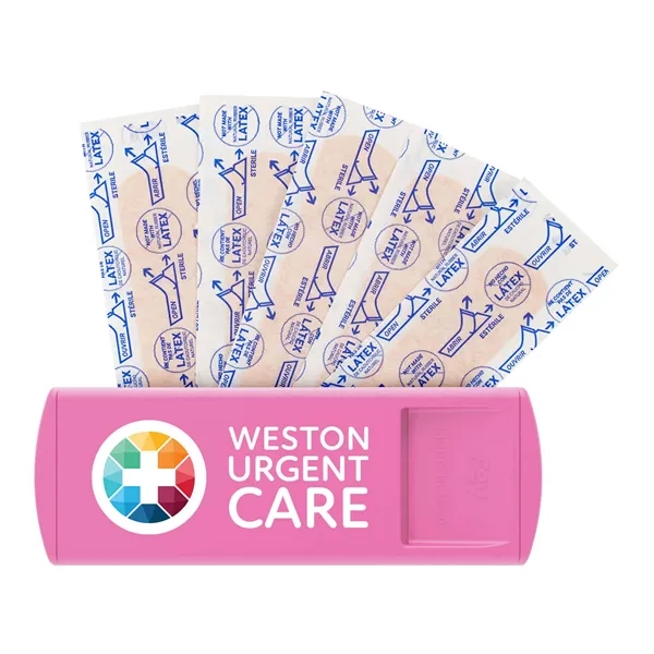 Full color USA made imprinted bandage dispenser with five bandages inside.... from ASI 54040 Fey Promo