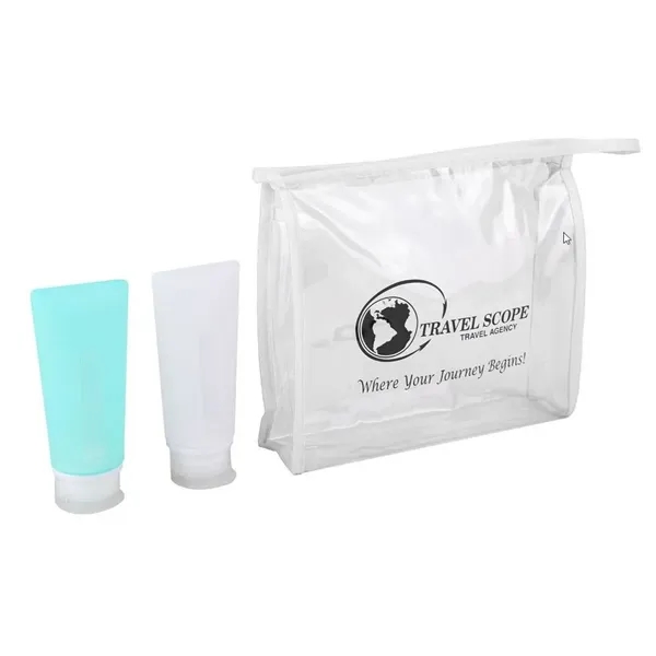 Travel set with two 3 oz. silicone bottles and PVC carrier... from ASI 52840 Evans Manufacturing