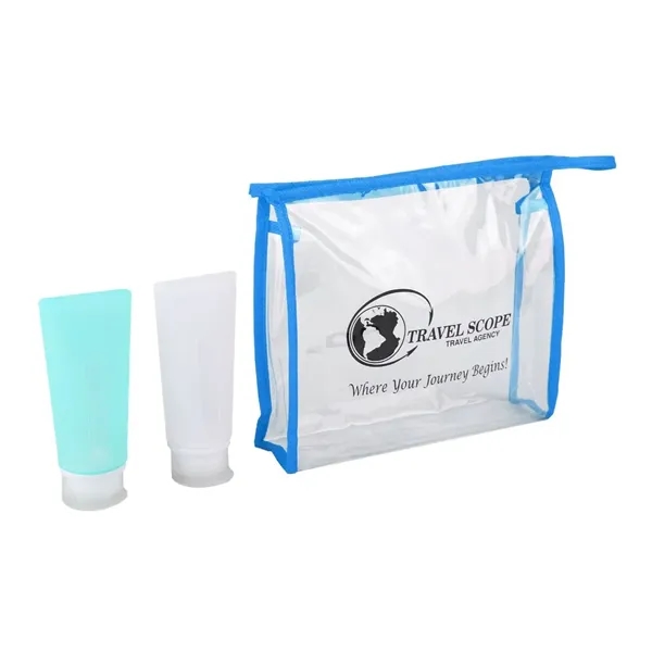 Travel set with two 3 oz. silicone bottles and PVC carrier... from ASI 52840 Evans Manufacturing
