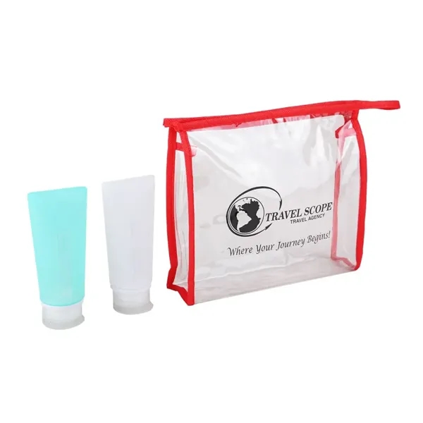Travel set with two 3 oz. silicone bottles and PVC carrier... from ASI 52840 Evans Manufacturing