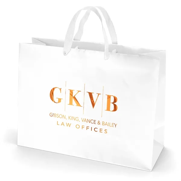 Premium-weight matte-laminated bag with woven handles and fold-over top.... from ASI 37940 Bag Makers Inc