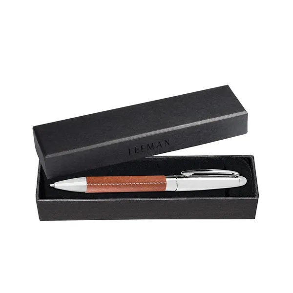 Stainless steel twist-action ballpoint pen with faux leather wrapped body.... from ASI 79530 Prime Line