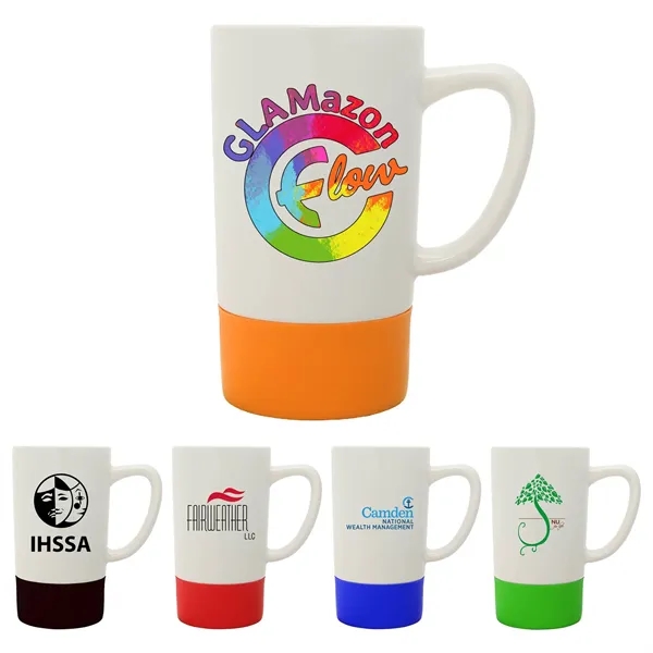 18 oz. white ceramic mug with colorful, non-slip silicone band at... from ASI 39820 Opusline (Benmex) / Opus Line