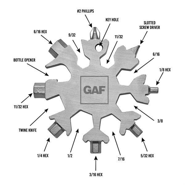 17 tools in one uniquely-shaped keychain device. The snowflake design allows... from ASI 46170 Compass Industries Inc