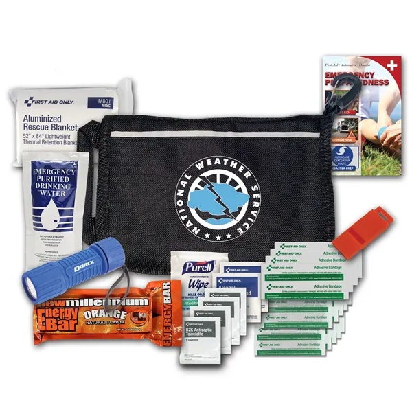 Disaster kit with a flashlight, food bar, emergency water, emergency blanket,... from ASI 84514 Safety Made