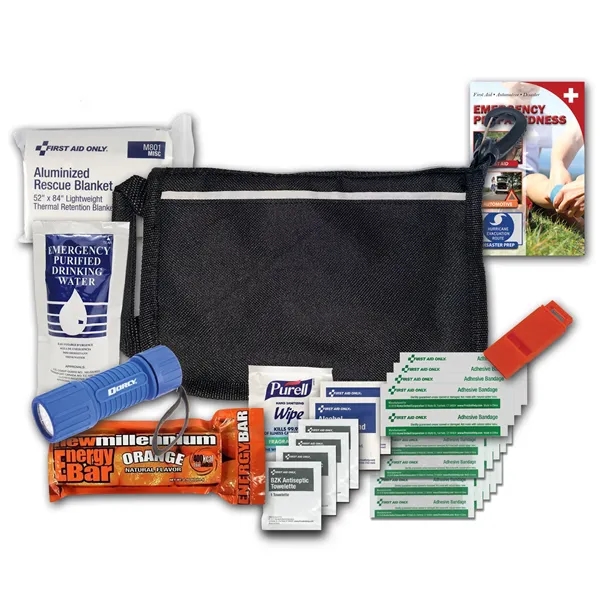Disaster kit with a flashlight, food bar, emergency water, emergency blanket,... from ASI 84514 Safety Made