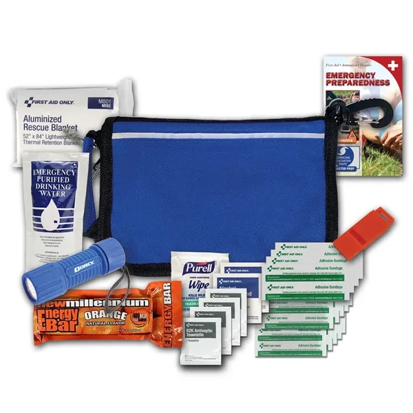 Disaster kit with a flashlight, food bar, emergency water, emergency blanket,... from ASI 84514 Safety Made