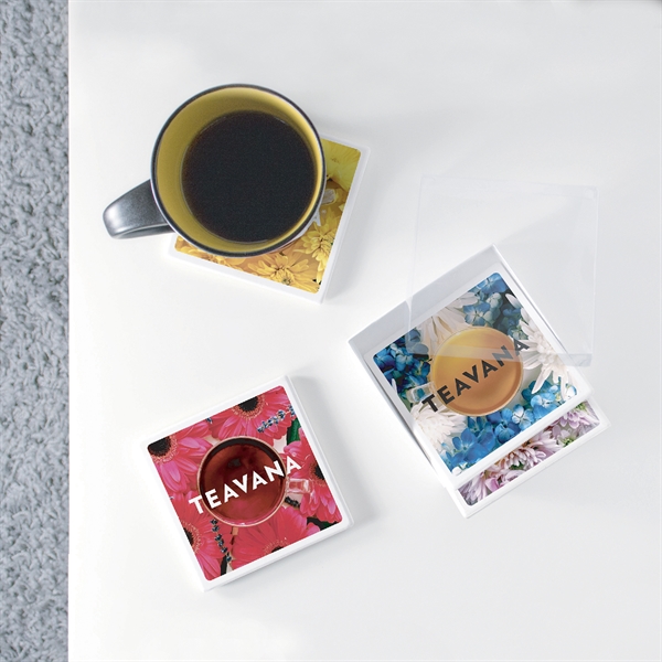 Set of 4 square white ceramic stone coaster with gift box.... from ASI 34040 Alexander Mfg Co