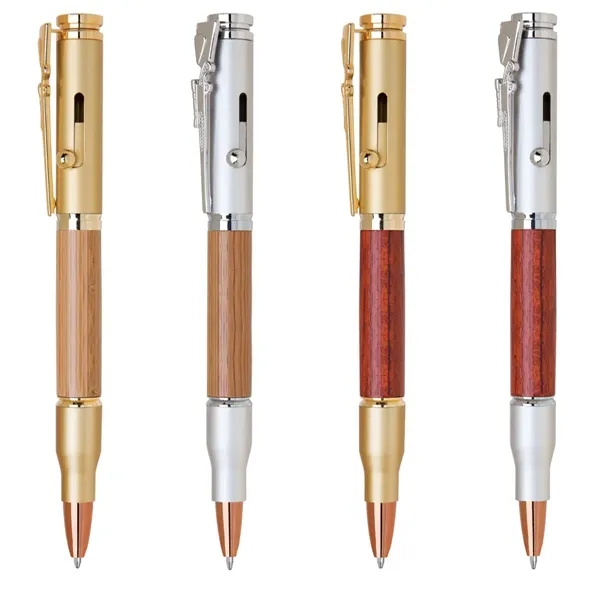 Brass bullet style bolt action ballpoint pen with wood accents.... from ASI 31517 Admart Products