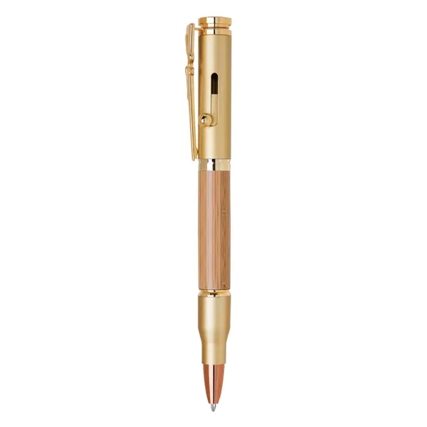 Brass bullet style bolt action ballpoint pen with wood accents.... from ASI 31517 Admart Products