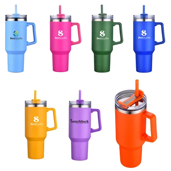 40 Oz S/S Travel Mug With Handle and Color Matching Straw... from ASI 79535 Primetime / Primetime