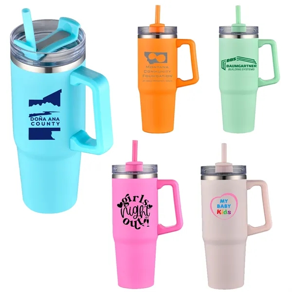 30 Oz S/S Travel Mug With Handle and Color Matching Straw... from ASI 79535 Primetime / Primetime