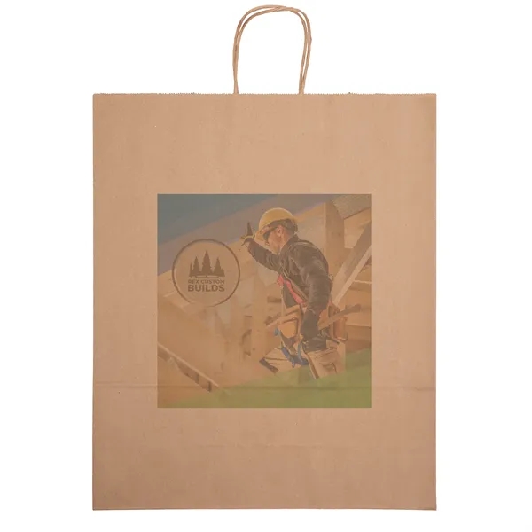 Eco-friendly brown kraft paper shopper with twisted paper handles and serrated... from ASI 37940 Bag Makers Inc