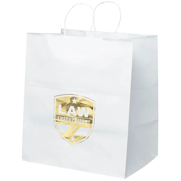 White kraft paper shopper with twisted paper handles and serrated cut... from ASI 37940 Bag Makers Inc