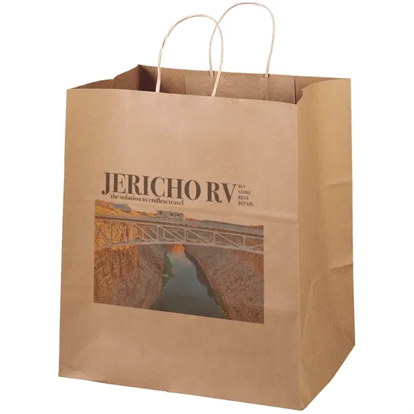 Eco-friendly brown kraft paper shopper with twisted paper handles and serrated... from ASI 37940 Bag Makers Inc
