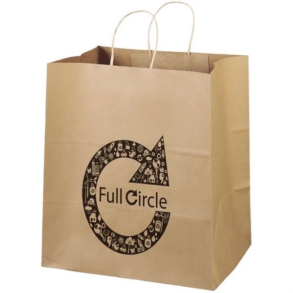 Eco-friendly brown kraft paper shopper with twisted paper handles and serrated... from ASI 37940 Bag Makers Inc