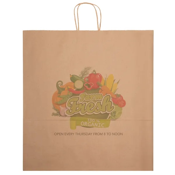 Eco-friendly brown kraft paper shopper with twisted paper handles and serrated... from ASI 37940 Bag Makers Inc