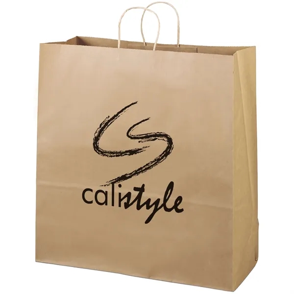 Eco-friendly brown kraft paper shopper with twisted paper handles and serrated... from ASI 37940 Bag Makers Inc