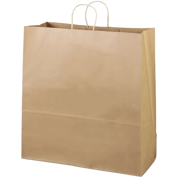 Eco-friendly brown kraft paper shopper with twisted paper handles and serrated... from ASI 37940 Bag Makers Inc