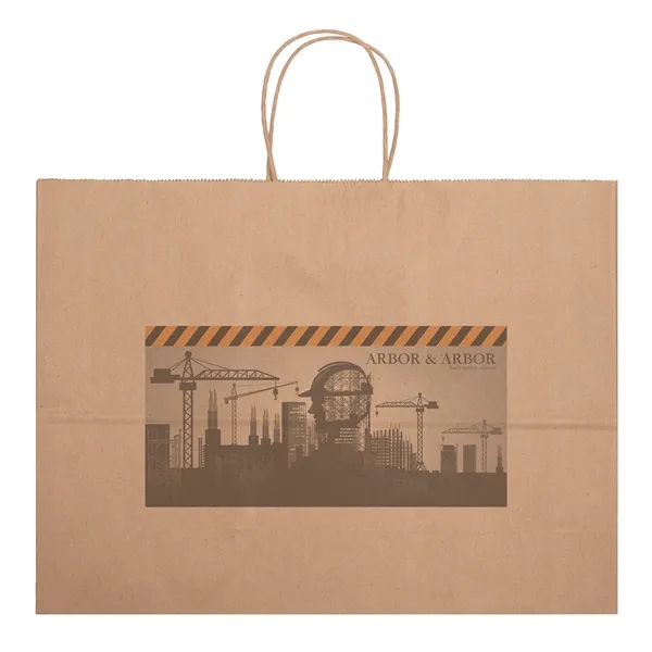 Eco-friendly brown kraft paper shopper with twisted paper handles and serrated... from ASI 37940 Bag Makers Inc