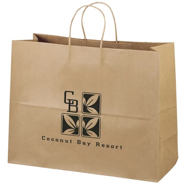 Eco-friendly brown kraft paper shopper with twisted paper handles and serrated... from ASI 37940 Bag Makers Inc
