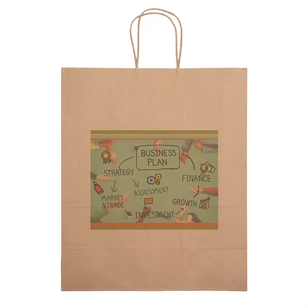 Eco-friendly brown kraft paper shopper with twisted paper handles and serrated... from ASI 37940 Bag Makers Inc