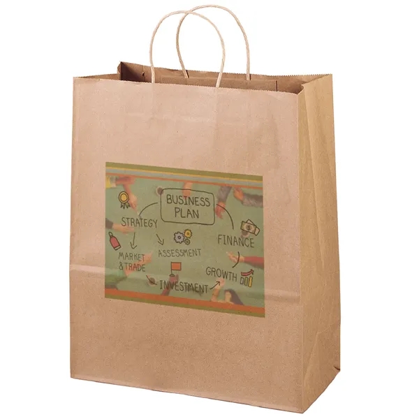 Eco-friendly brown kraft paper shopper with twisted paper handles and serrated... from ASI 37940 Bag Makers Inc