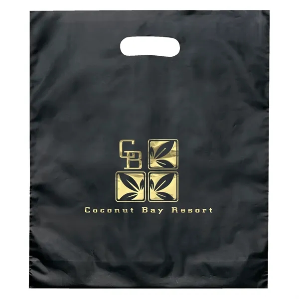 Hi-density 2.5 mil frosted plastic bags with die cut handles... from ASI 37940 Bag Makers Inc