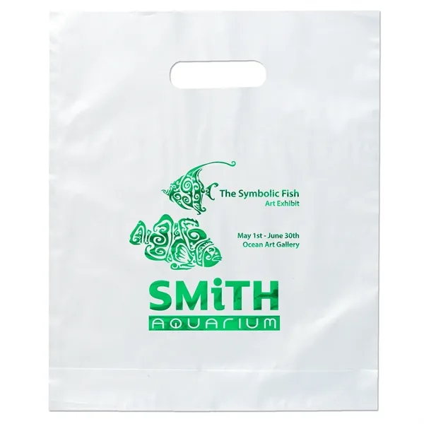 Hi-density 2.5 mil frosted plastic bags with die cut handles... from ASI 37940 Bag Makers Inc