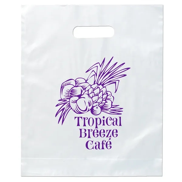 Hi-density 2.5 mil frosted plastic bags with die cut handles.... from ASI 37940 Bag Makers Inc