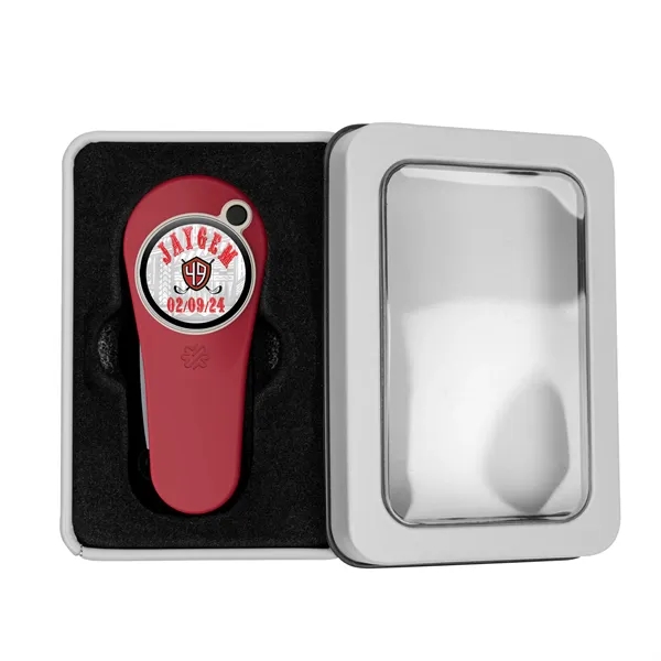 Divot repair tool with removable ball marker in windowed gift tin.... from ASI 52263 EMT