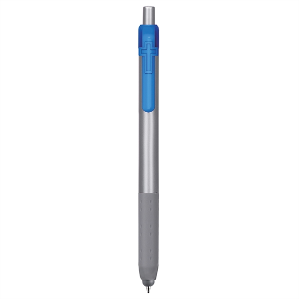 Alamo™ plunger-action pen with a silver barrel, grip, and stylus.... from ASI 82498 RiteLine LLC