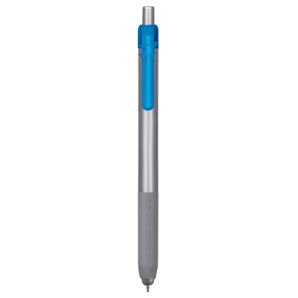 Alamo™ plunger-action pen with a silver barrel, grip, and stylus.... from ASI 82498 RiteLine LLC