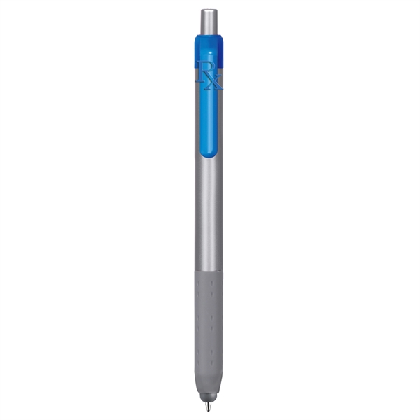 Alamo™ plunger-action pen with a silver barrel, grip, and stylus.... from ASI 82498 RiteLine LLC