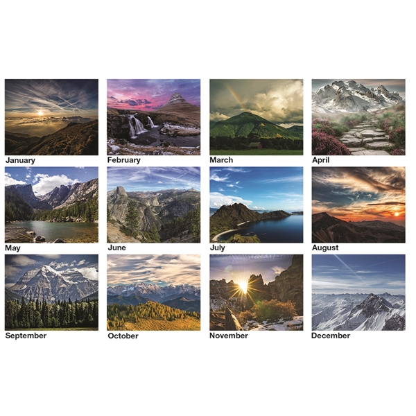 12 month tent desk calendar featuring photos of peaceful mountain scenes.... from ASI 50873 Drum-Line / Drum-line Inc