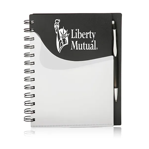 Spiral bound notebook with front pocket, wave design cover and white... from ASI 39552 BEL Promo