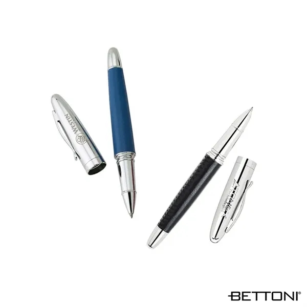 Rollerball pen with cap-off design, solid brass chrome cap, leather barrel... from ASI 67866 Logomark/Valumark