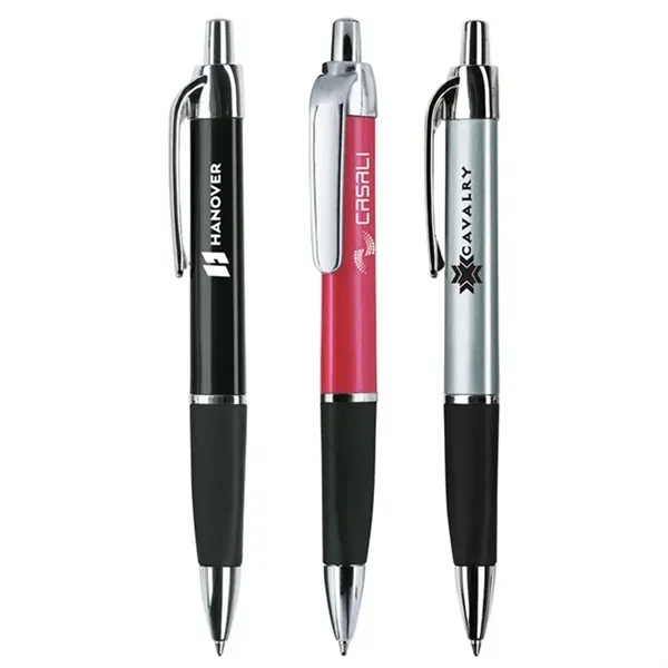 Ballpoint pen with plunger action mechanism, colored metallic triangular barrel, soft... from ASI 67866 Logomark/Valumark