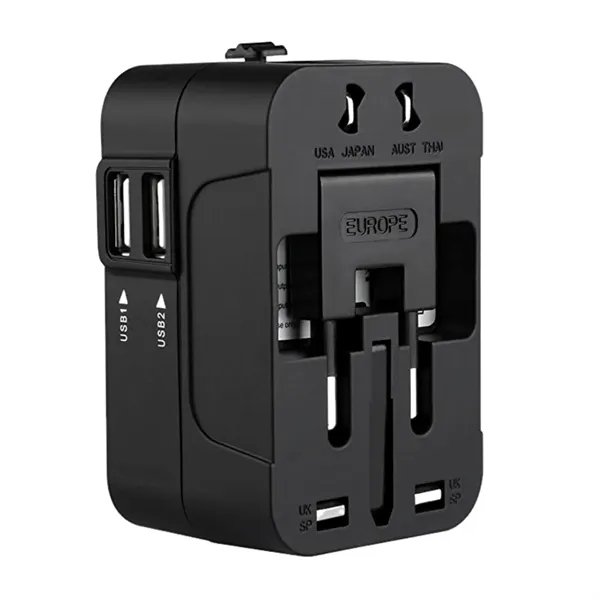 Dual USB A port universal travel adapter plus 1 color silkscreen... from ASI 37218 Athena Promo (tm)