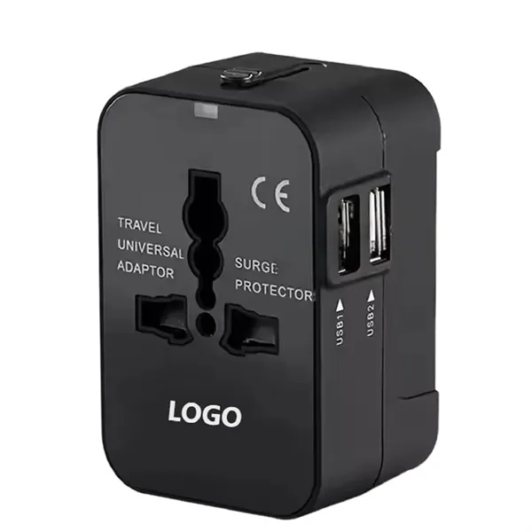 Dual USB A port universal travel adapter plus 1 color silkscreen... from ASI 37218 Athena Promo (tm)