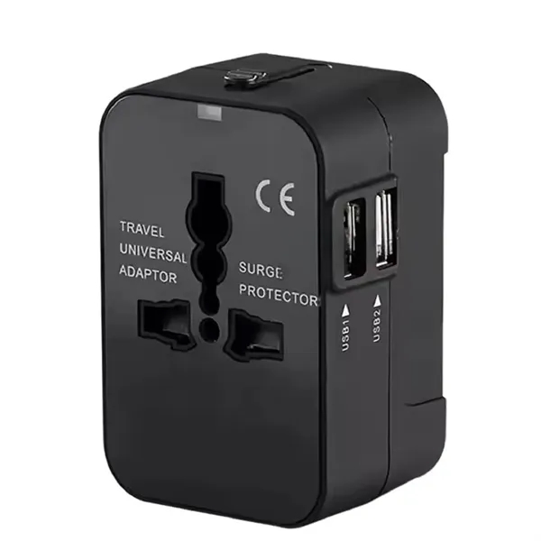 Dual USB A port universal travel adapter plus 1 color silkscreen... from ASI 37218 Athena Promo (tm)