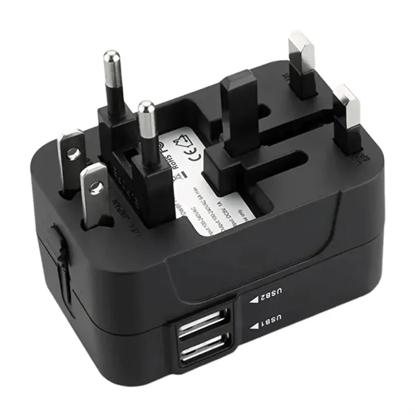 Dual USB A port universal travel adapter plus 1 color silkscreen... from ASI 37218 Athena Promo (tm)